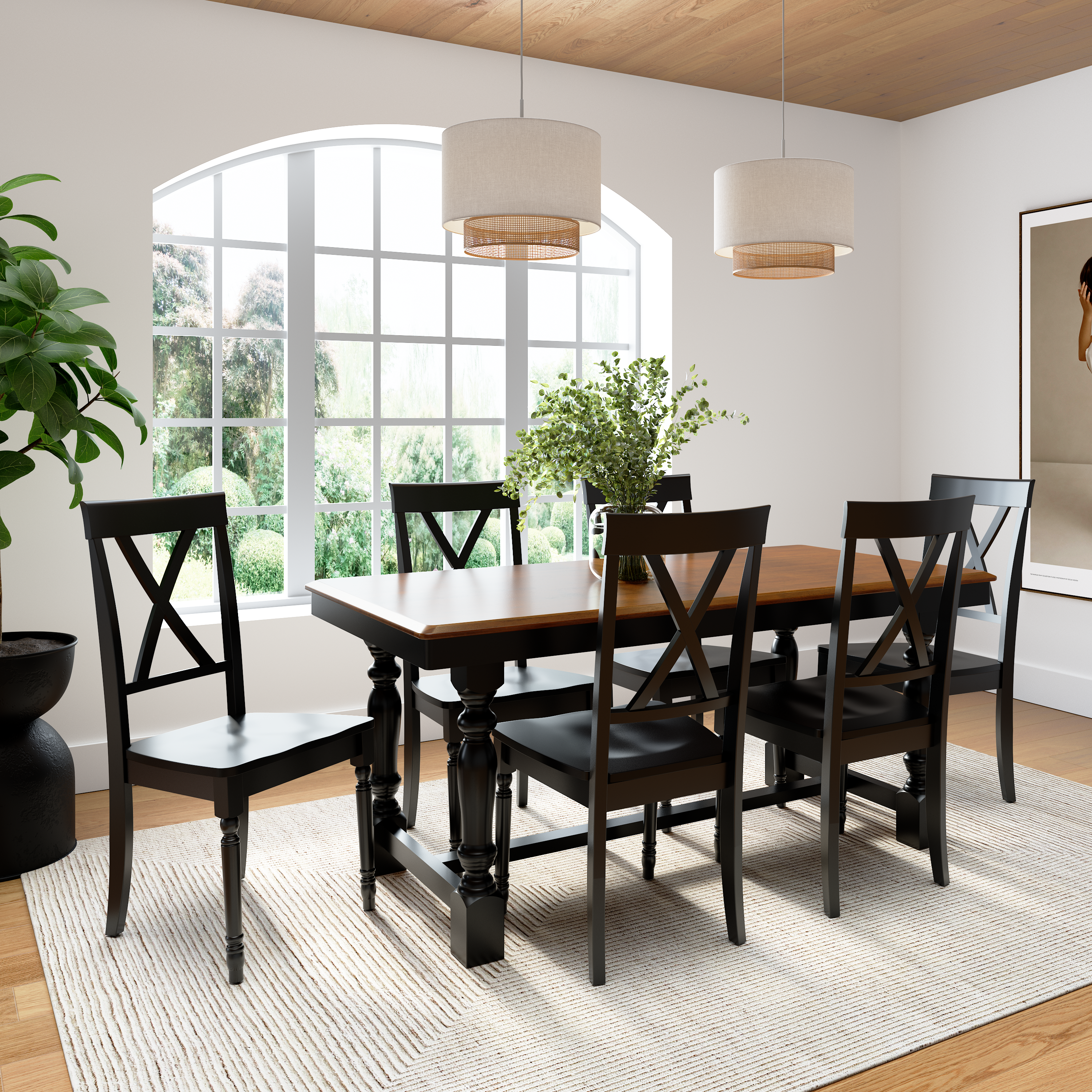 Shop Bush Furniture Sterling 67W Squire Trestle Dining Table with 6 Cross Back Dining Chairs 01 STL001BMB #color_burnished medium brown/black paint